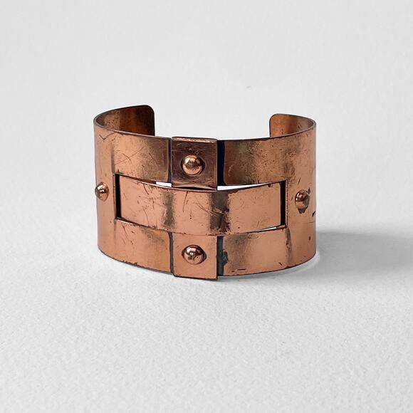 VTG Signed Renoir Copper Brutalist Cuff Bracelet  MCM Woven Riveted Metal Unisex - Picture 1 of 9